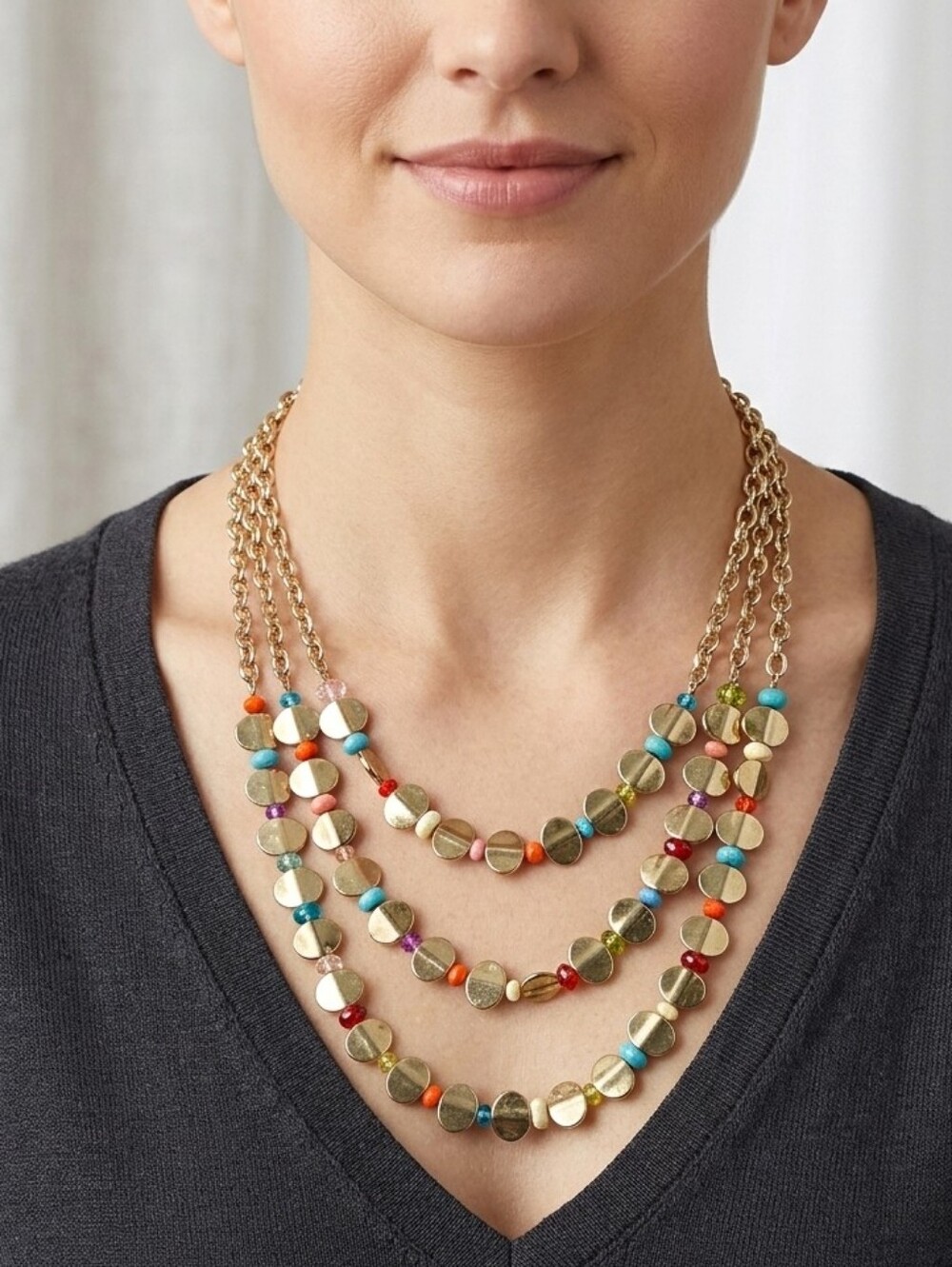 MIXIT Gold-Tone Layered Necklace with Colored Stones & Metal Discs